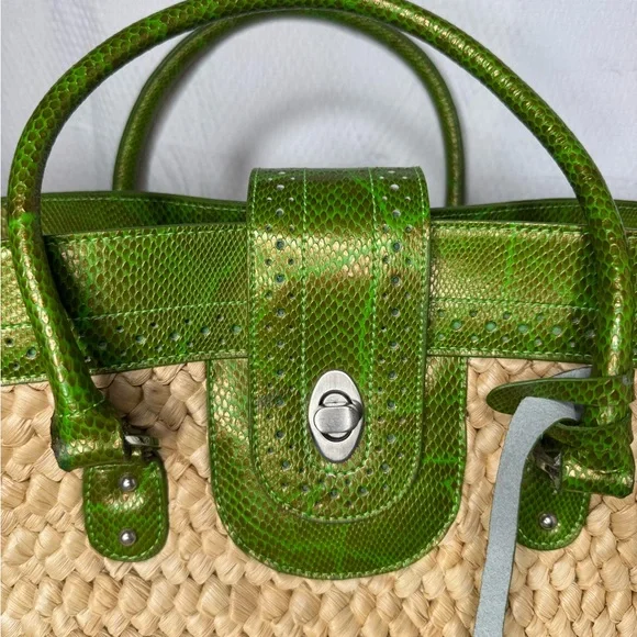 Large  Green and Tan Wicker Straw Rattan  Tote Bag Tagged Magnolia Zurich - Picture 2 of 10